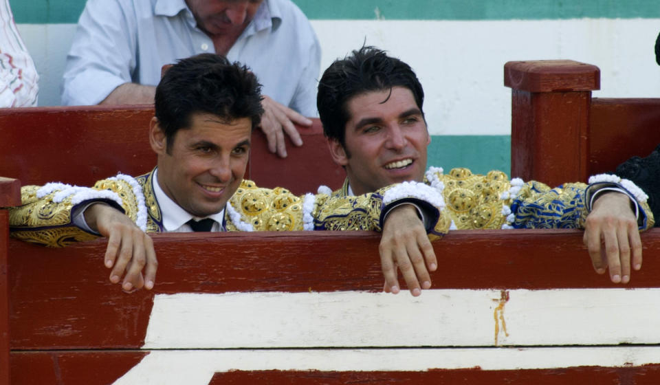 ESTEPONA, SPAIN - JULY 12:  Brothers Francisco Rivera (L) and Cayetano Rivera attend bullfighting on July 12, 2015 in Estepona, Spain.  (Photo by Europa Press/Europa Press via Getty Images)