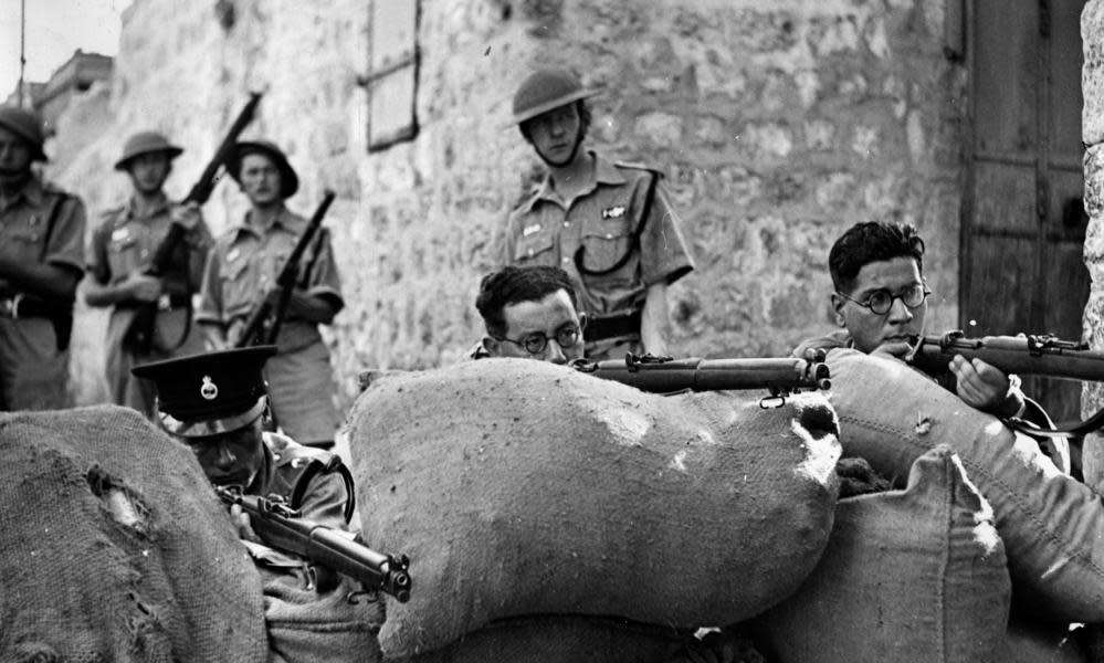 Soldiers of the British army and the Palestinian police force in Jerusalem