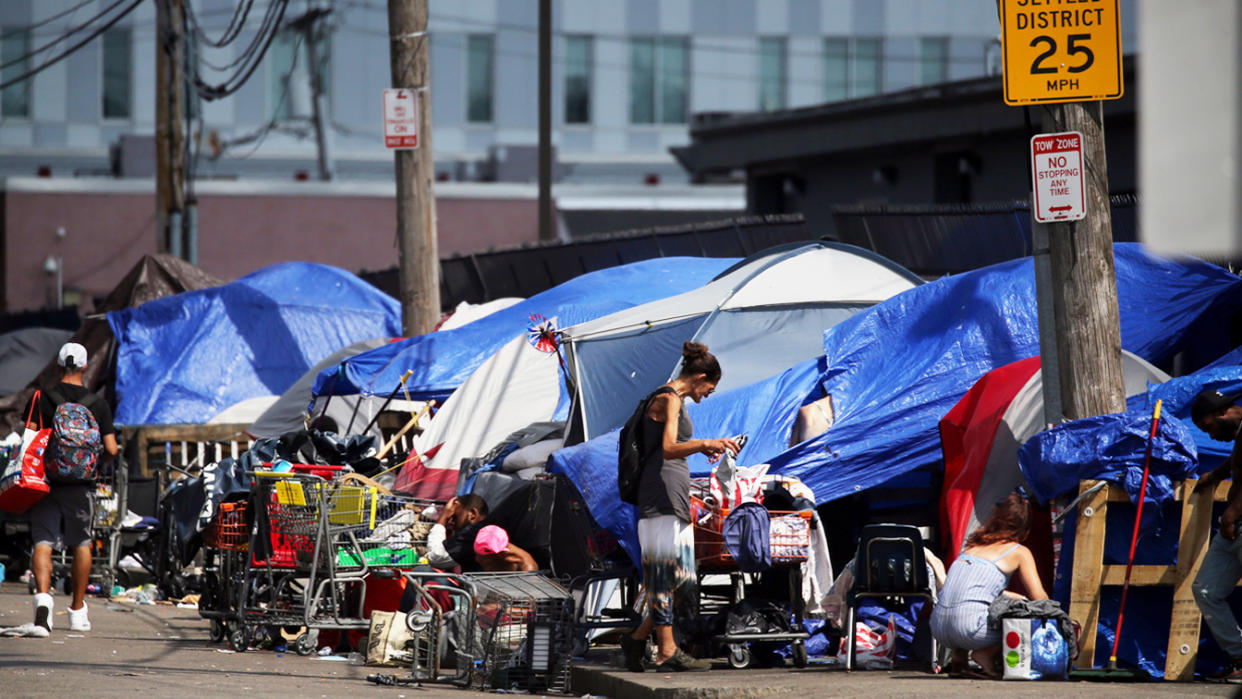 Tents and makeshift shelters line Topeka Street in the area known as Mass and Cass in Boston, MA on September 08, 2021. (Craig F. Walker/The Boston Globe via Getty Images)