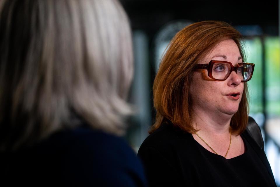 Sarah Howard gives comment to the press after their hearing in front of the Michigan Court of Appeals Wednesday, Oct. 11, 2023, in Grand Rapids.