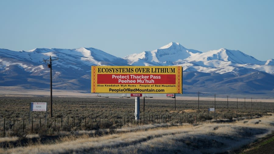 FILE - A billboard displays "Protect Thacker Pass" near the Fort McDermitt Paiute-Shoshone Indian Reservation on April 25, 2023, near McDermitt, Nev. The 9th U.S. Circuit Court of Appeals on Monday, July 17, 2023, rejected the latest bid by conservationists and tribal leaders to block construction of a huge lithium mine already in the works along the Nevada-Oregon line. (AP Photo/Rick Bowmer, File)