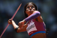 <p>Erica Bougard of Team United States competes in the Women's Heptathlon Javelin Throw on day thirteen of the Tokyo 2020 Olympic Games at Olympic Stadium on August 05, 2021 in Tokyo, Japan. (Photo by Matthias Hangst/Getty Images)</p> 