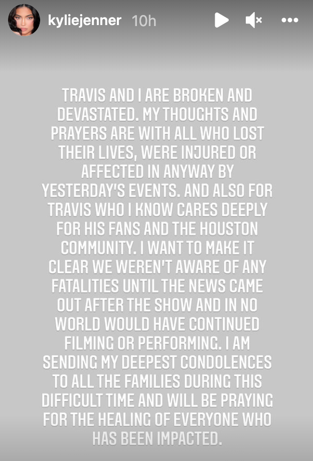 Travis Scott's girlfriend, Kylie Jenner, posted a statement reacting to the Astroworld incident. (Screenshot: Instagram/Kylie Jenner)