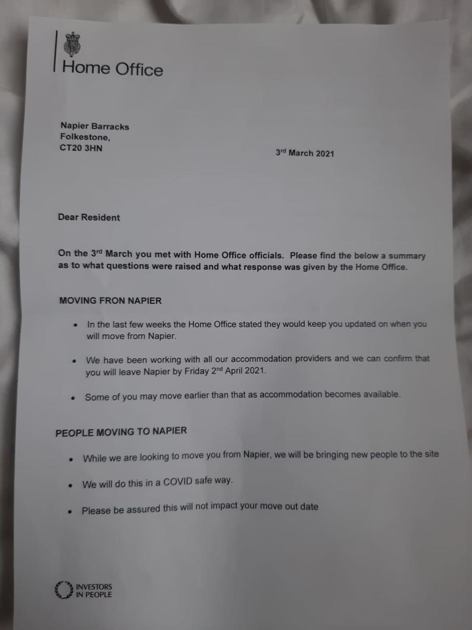 Home Office letter sent to Napier Barracks residents on ThursdaySupplied