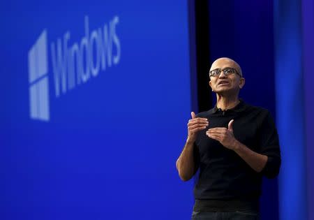 Microsoft CEO Satya Nadella delivers his keynote address at Microsoft Build in San Francisco, California April 29, 2015. REUTERS/Robert Galbraith