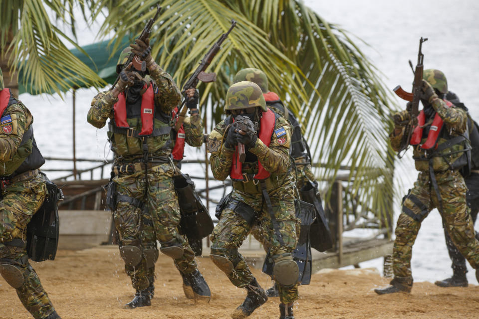 Cabo Verde soldiers conduct combat drills during Flintlock 2023 at Sogakope beach resort, Ghana, Tuesday, March 14, 2023. As extremist violence in West Africa's Sahel region spreads south toward coastal states, the United States military has launched its annual military training exercise which will help armies contain the jihadi threat. Soldiers from several African countries are being trained in counter-insurgency tactics as part of the annual U.S.-led exercise known as Flintlock. (AP Photo/Misper Apawu)