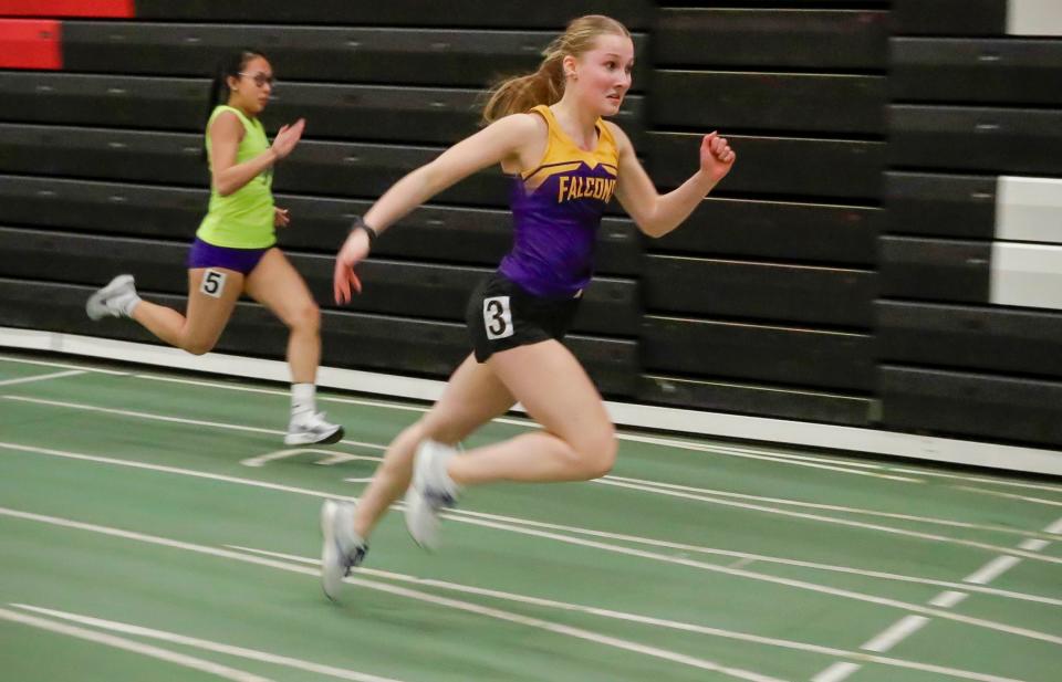 Sheboygan Falls’ Rachel Halverson, right, speeds to the finish line ahead of Two Rivers’ Jasmine Lor in the 55-meter dash at the Pam Kjono Invitational girls track meet on Friday in Manitowoc.