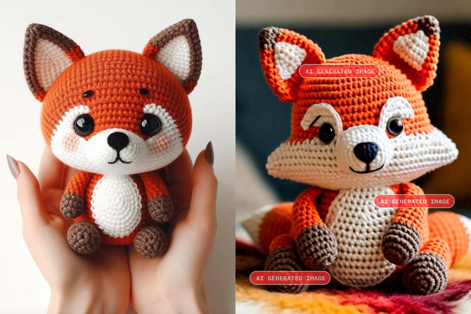 Left, an image used to advertise a crochet pattern on Etsy for a store that is no longer present on it. Right, an AI-generated image of a “crochet cute fox” NBC News created with Meta’s Imagine. (Etsy; Meta Imagine)