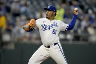 Kansas City Royals relief pitcher Angel Zerpa throws during the fifth inning of a baseball game against the Toronto Blue Jays Wednesday, April 24, 2024, in Kansas City, Mo. (AP Photo/Charlie Riedel)