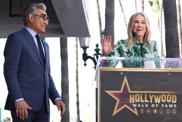 <p>Matt Baron/BEI/Shutterstock</p> Catherine O'Hara speaking at Eugene Levy's Hollywood Walk of Fame ceremony