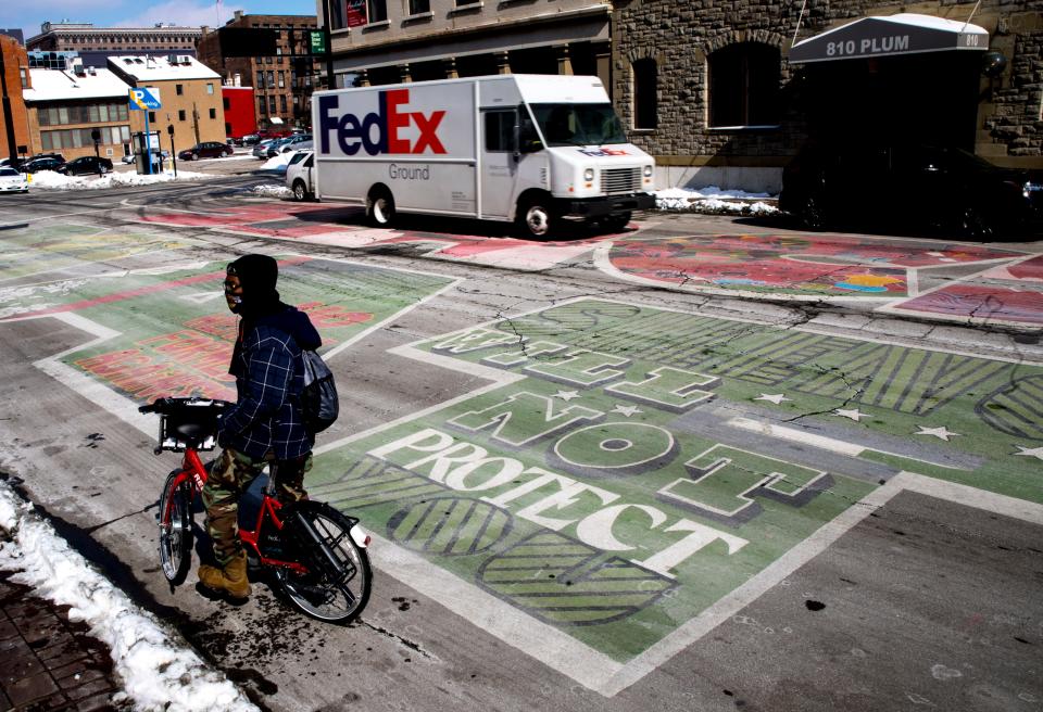 Local artists painted a Black Lives Matter mural in front of Cincinnati City Hall after civil rights protests swept through the nation last summer. The mural has since deteriorated.