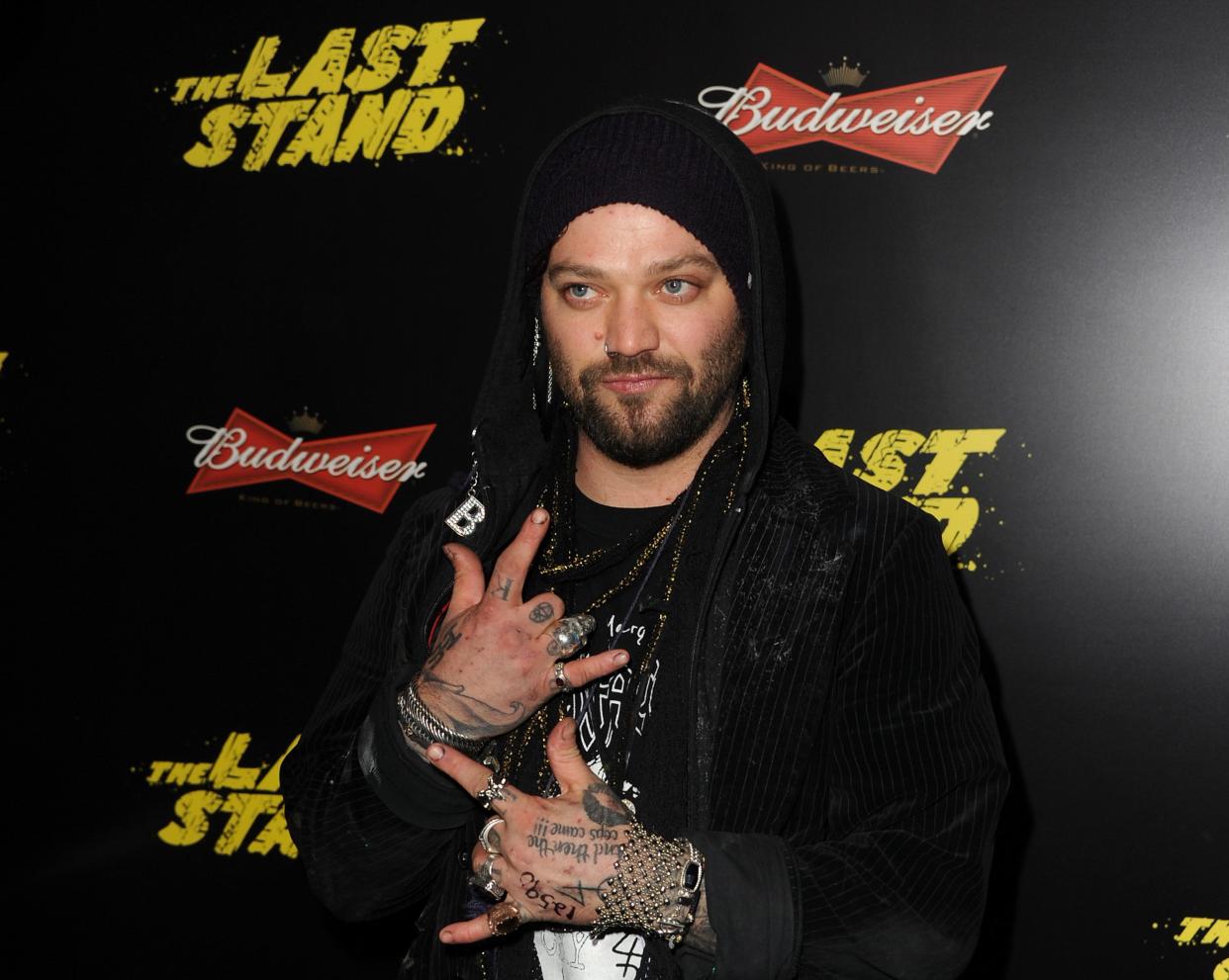 Actor Bam Margera arrives at the premiere of Lionsgate Films' "The Last Stand" at Grauman's Chinese Theatre on Jan. 14, 2013, in Hollywood, California. Margera was arrested in late April 2023 on charges including assault after police in Pennsylvania say he punched his brother in the face.