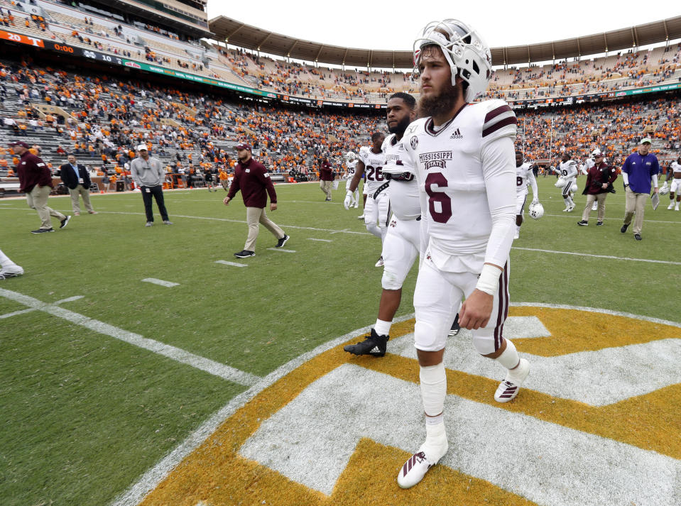 Mississippi State quarterback Garrett Shrader (6) walks off the field after a 20-10 loss to Tennessee in an NCAA college football game Saturday, Oct. 12, 2019, in Knoxville, Tenn. (AP Photo/Wade Payne)