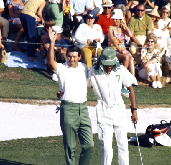 AUGUSTA, GA - APRIL 1971: Charles Coody and his caddie react to victory during the 1971 Masters Tournament at Augusta National Golf Club held April 1-4, 1971 in Augusta, Georgia. (Photo by Augusta National/Getty Images) *** Local Caption *** Charles Coody