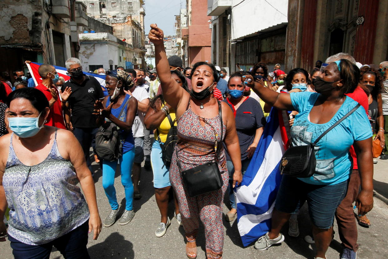 Cuban government supporters take to the streets in Havana in early July.