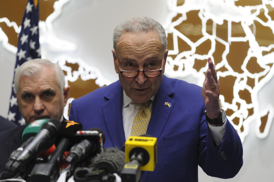 Senate Majority Leader Charles Schumer, D-N.Y., conducts a news conference in Lviv, Ukraine, Friday, Feb. 23, 2024. (AP Photo/Mykola Tys)