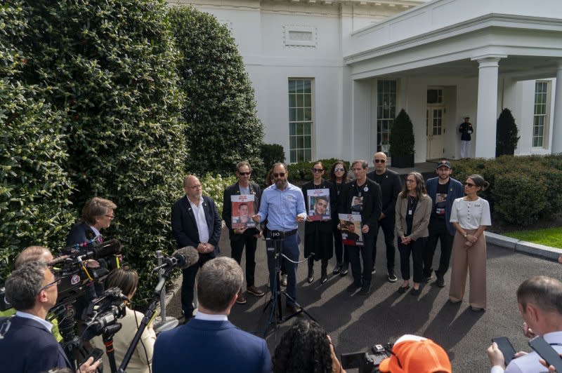 Families of individuals held hostage by Hamas speak to the press after meeting with Vice President Kamala Harris at the White House in Washington, D.C., on Tuesday. Pool Photo by Bonnie Cash/UPI