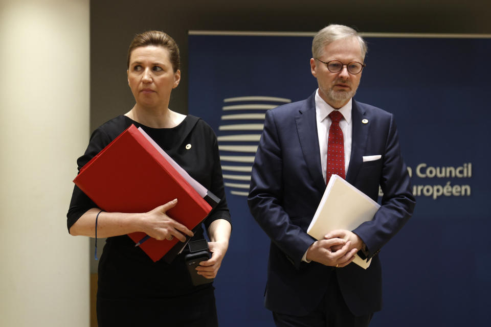 Denmark's Prime Minister Mette Frederiksen, left, and Czech Republic's Prime Minister Petr Fiala arrive for a round table meeting at an EU summit in Brussels, Thursday, April 18, 2024. European Union leaders vowed on Wednesday to ramp up sanctions against Iran as concern grows that Tehran's unprecedented attack on Israel could fuel a wider war in the Middle East. (AP Photo/Omar Havana)