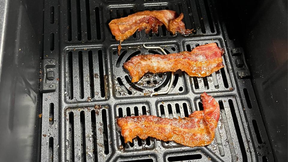 A close up of bacon made in the Instant Vortex Slim 6 Quart Air Fryer