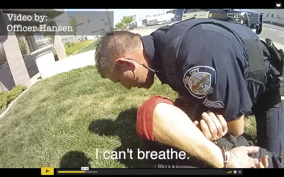 In this image taken from police body camera video provided by the Yuba City Police Department, a Yuba City Police Officer forcing Gregory Gross to the ground during an arrest for alleged drunk driving and hit and run in Yuba City, Calif., Sunday April 12, 2020. Gross, 65, alleges that he suffered a broken neck during the arrest and is is now paralyzed and confined to his bed. He announced that he has filed a lawsuit against the Yuba City Police Department and the police officers involved, Wednesday Jan.5, 2021. A previous lawsuit was filed against Rideout Memorial Hospital and its medical staff. (Yuba City Police Department via AP)