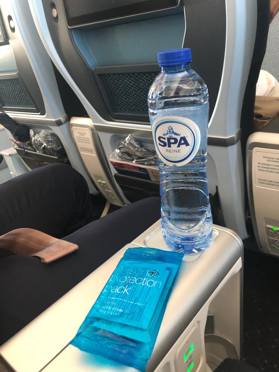 Water bottle and sanitary kit in KLM's Premium Comfort class.