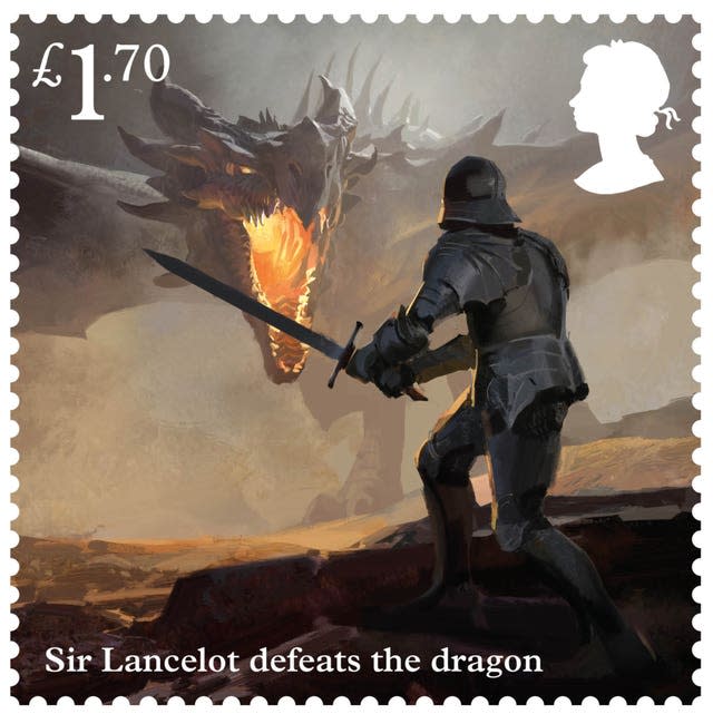 Sir Lancelot defeating the dragon is shown on one of the new stamps (Royal Mail/PA)