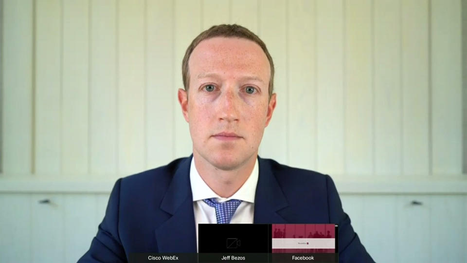 Facebook CEO Mark Zuckerberg listens to a question about his company's policies on extremists and hate speech on the Facebook platform from Rep. Jamie Raskin (D-MD) as he testifies remotely via videoconference during a U.S. House Judiciary Subcommittee on Antitrust, Commercial and Administrative Law hearing on 