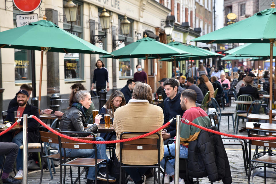 LONDON, UNITED KINGDOM - APRIL 18, 2021 - Alfresco dining in Old Compton Street, Soho as the lockdown eases. (Photo credit should read Matthew Chattle/Barcroft Media via Getty Images)