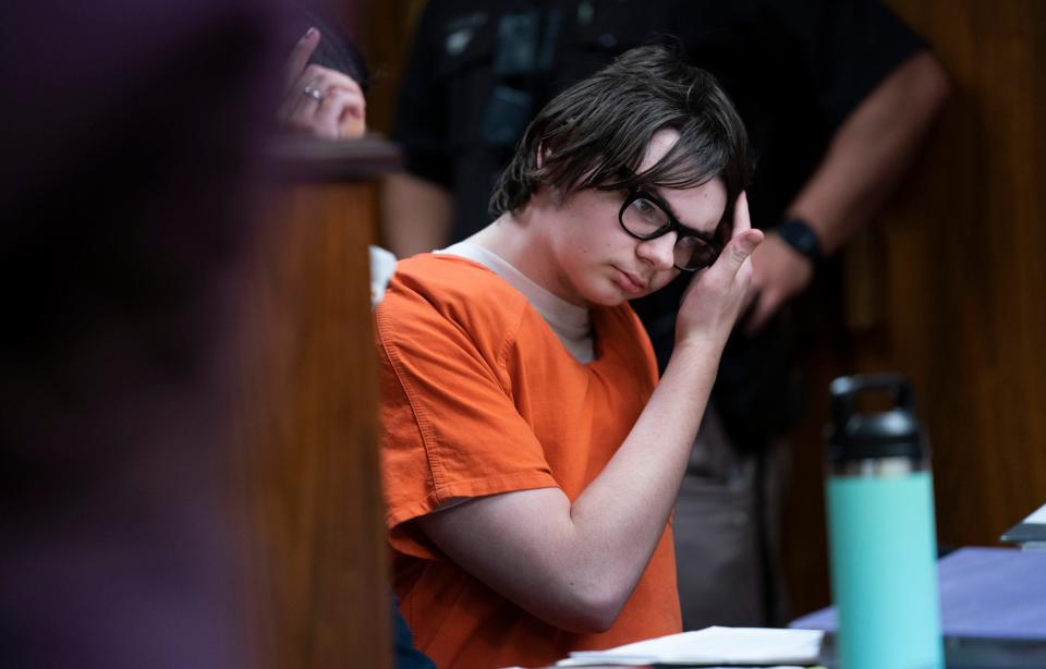 Ethan Crumbley appears in Oakland County Court, on Friday, Aug. 18, 2023, in Pontiac, Mich. The Oakland County Prosecutors are making their case that Crumbley, a teenager, should be sentenced to life without parole for killing four students at Oxford High School in 2021.