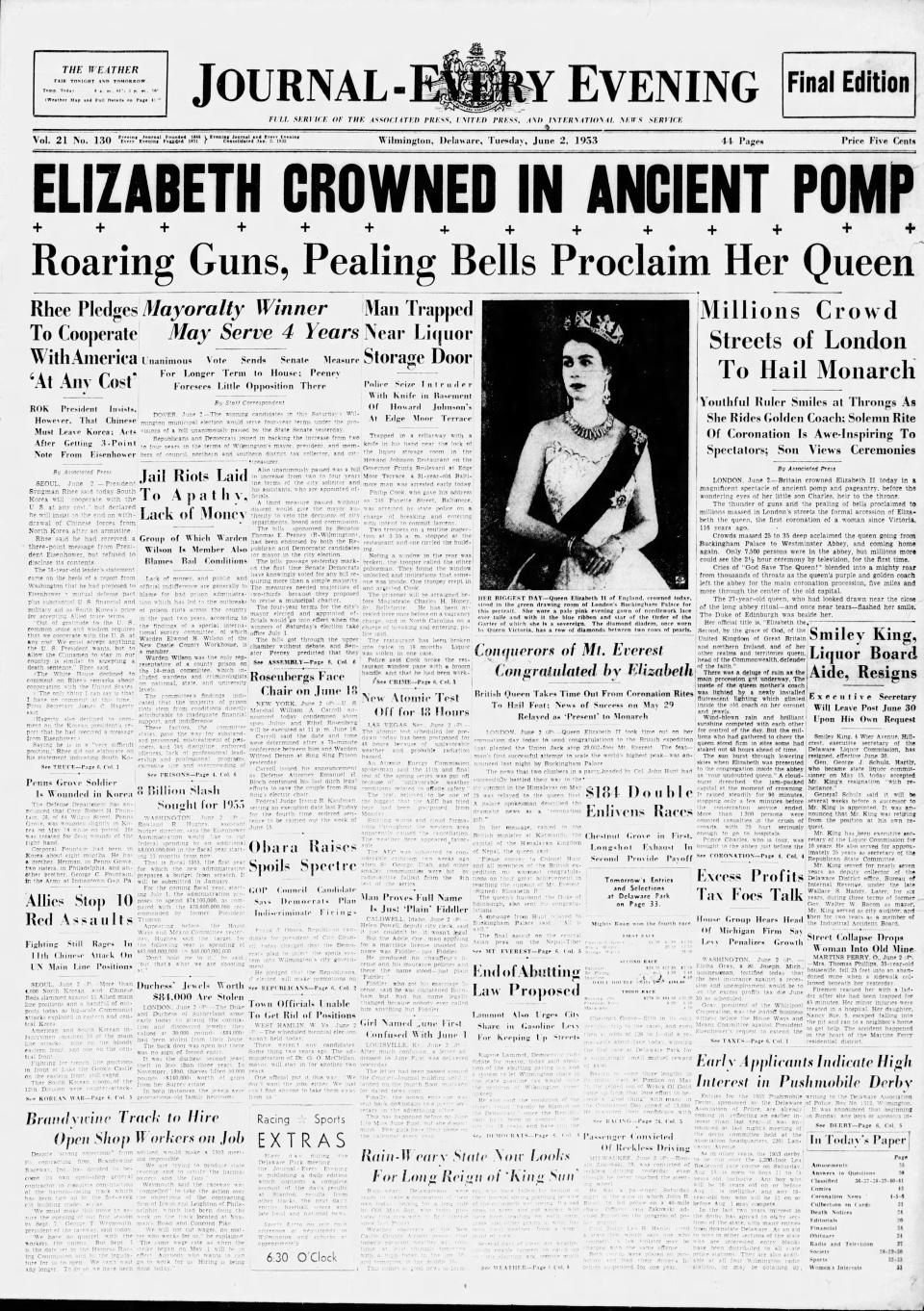 Front page of the Journal-Every Evening from June 2, 1953