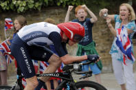 LONDON, ENGLAND - AUGUST 01: Bradley Wiggins of Great Britain competes in the Men's Individual Time Trial Road Cycling on day 5 of the London 2012 Olympic Games on August 1, 2012 in London, England. (Photo by Christophe Ena - IOPP Pool Getty Images)