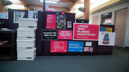 Signs are displayed at the Reproductive Health Services of Planned Parenthood St. Louis Region, Missouri's sole abortion clinic, in St. Louis, Missouri, U.S. May 28, 2019. REUTERS/Lawrence Bryant