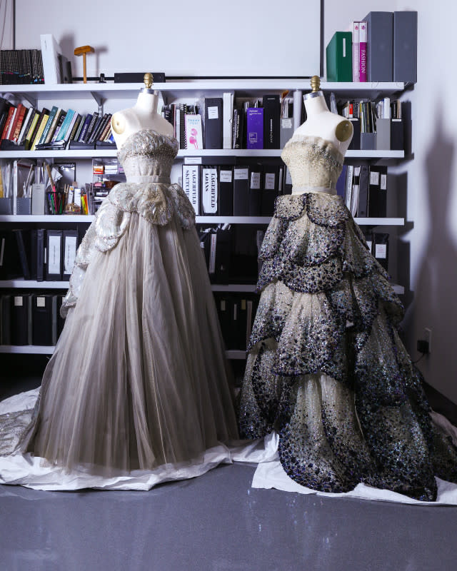 Venus and Junon ballgowns by Christian Dior, on display within the Costume Institute's offices for the 2024 spring exhibit announcement.<p>Photo: BFA.com/Hippolyte Petit/Courtesy of the Metropolitan Museum of Art</p>