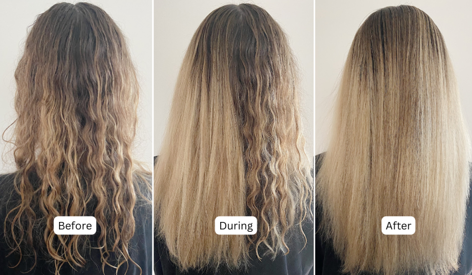 photo series of the author's hair before, during and after using the revlon hot air brush