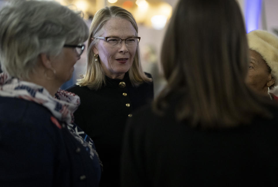 Republican Secretary of State candidate Kim Crockett chats with supporters at the GOP election-night party Tuesday, Nov. 8, 2022, in St. Louis Park, Minn. (Renée Jones Schneider/Star Tribune via AP)