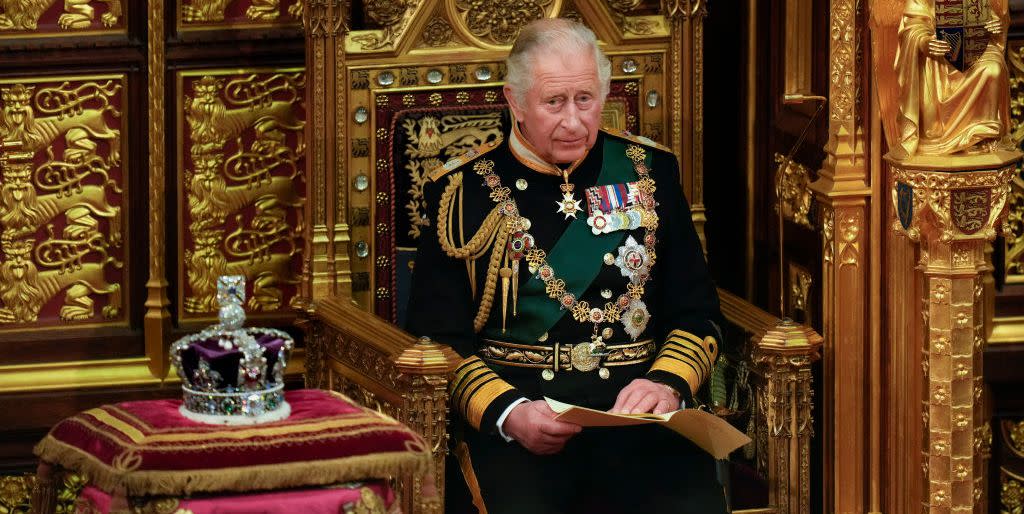 london, england may 10 prince charles, prince of wales reads the queens speech next to her imperial state crown in the house of lords chamber, during the state opening of parliament in the house of lords at the palace of westminster on may 10, 2022 in london, england the state opening of parliament formally marks the beginning of the new session of parliament it includes queens speech, prepared for her to read from the throne, by her government outlining its plans for new laws being brought forward in the coming parliamentary year this year the speech will be read by the prince of wales as hm the queen will miss the event due to ongoing mobility issues photo by alastair grant wpa poolgetty images