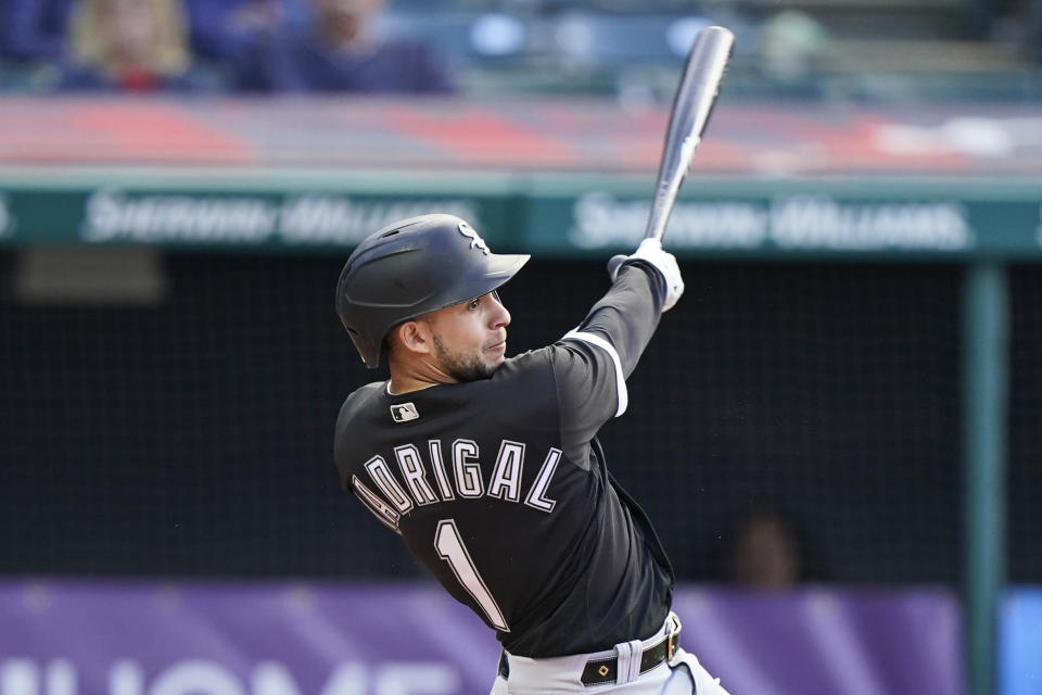 Chicago White Sox's Nick Madrigal hits an RBI-single in the third inning of the second baseball game of a doubleheader against the Cleveland Indians, Monday, May 31, 2021, in Cleveland. (AP Photo/Tony Dejak)