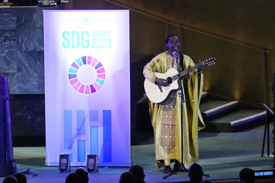 A musical performance by the Senegalese musician Mr Baaba Maal, UN Goodwill Ambassador for the UN Convention to Combat Desertification, during the United Nations Sustainable Development Forum, Monday, Sept. 18, 2023. (AP Photo/Richard Drew)