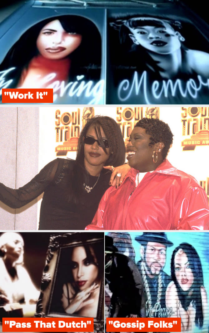 Aaliyah and Elliott in 1998; Aaliyah in Elliott's music videos "Work It," Pass That Dutch," and "Gossip Folks"