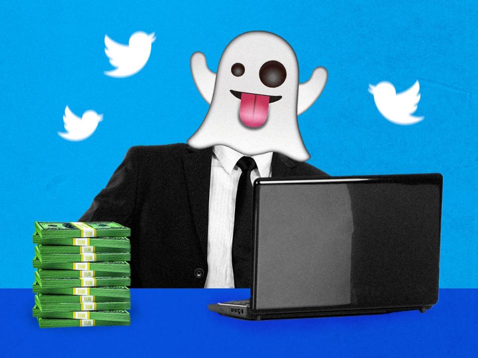 Business man with Ghost emoji sitting in front of laptop with Twitter logos and money surrounding him 4x3