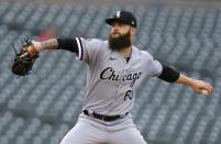 Chicago White Sox starting pitcher Dallas Keuchel delivers against the Detroit Tigers during the first inning of a baseball game Tuesday, Sept. 21, 2021, in Detroit. (AP Photo/Duane Burleson)