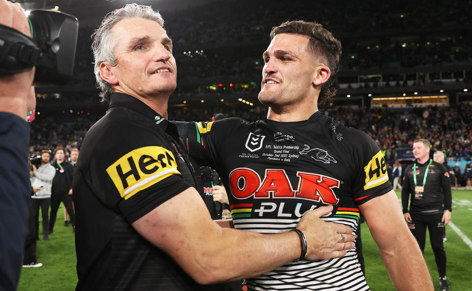 Ivan and Nathan Cleary after the NRL grand final in 2022. (Photo by Mark Kolbe/Getty Images)