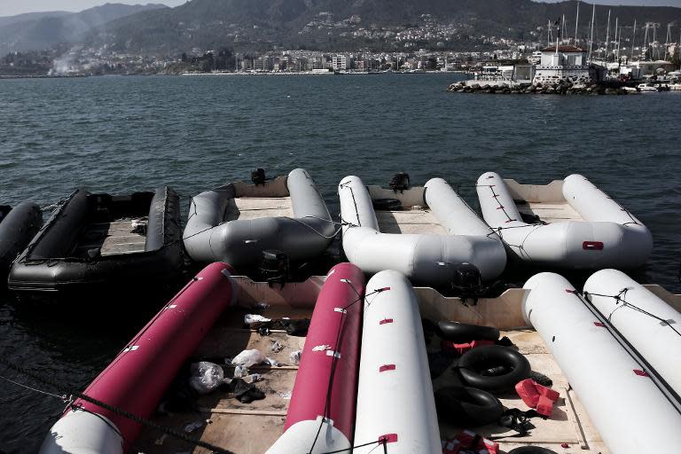 Boats which migrants have used in order to get to Greece are seen in the port of Lesbos island, on April 17, 2015