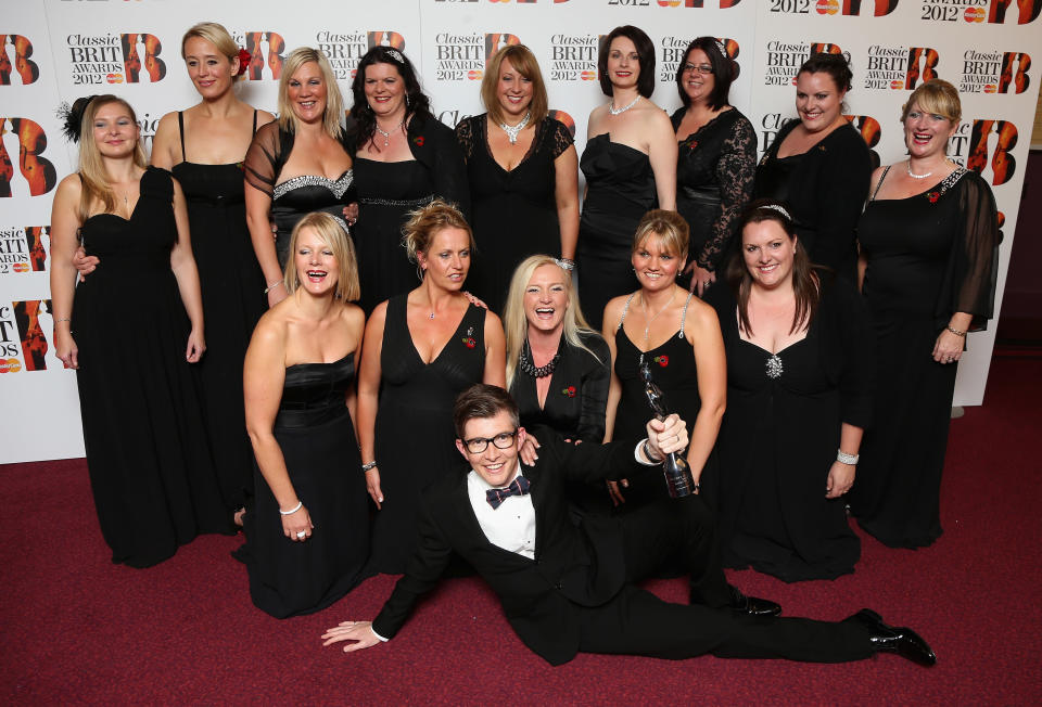 LONDON, ENGLAND - OCTOBER 02:  Gareth Malone and the Military Wives Choir with their Single of the Year trophy at the Classic BRIT Awards at the Royal Albert Hall on October 2, 2012 in London, England.  (Photo by Chris Jackson/Getty Images)