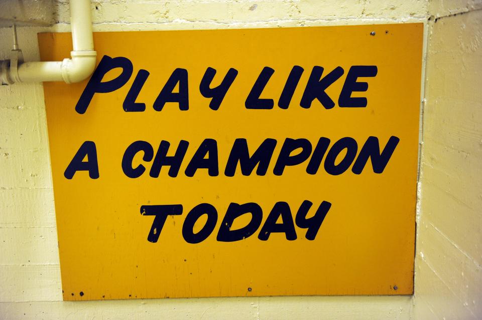 The famous sign that Notre Dame football players tap on their way to the field at Notre Dame Stadium on game days.