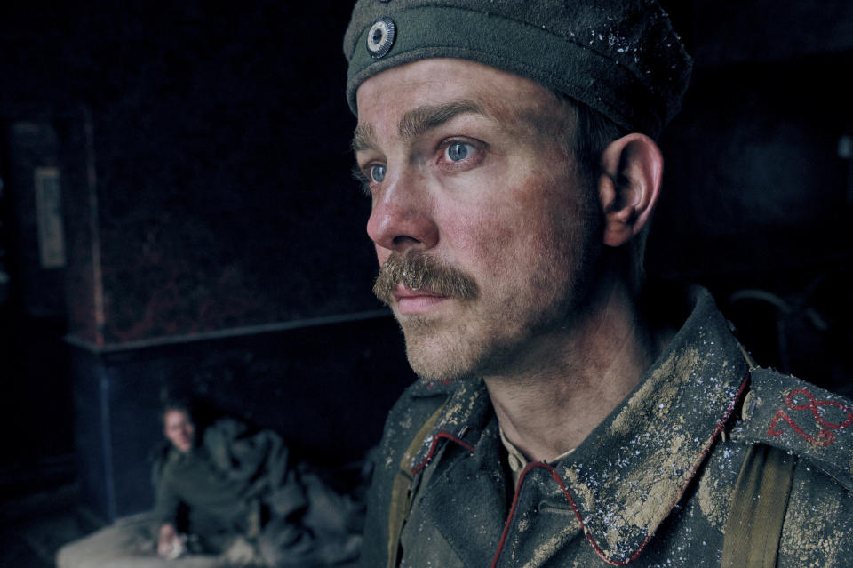 This image released by Netflix shows Albrecht Schuch in a scene from "All Quiet on the Western Front." (Netflix via AP)