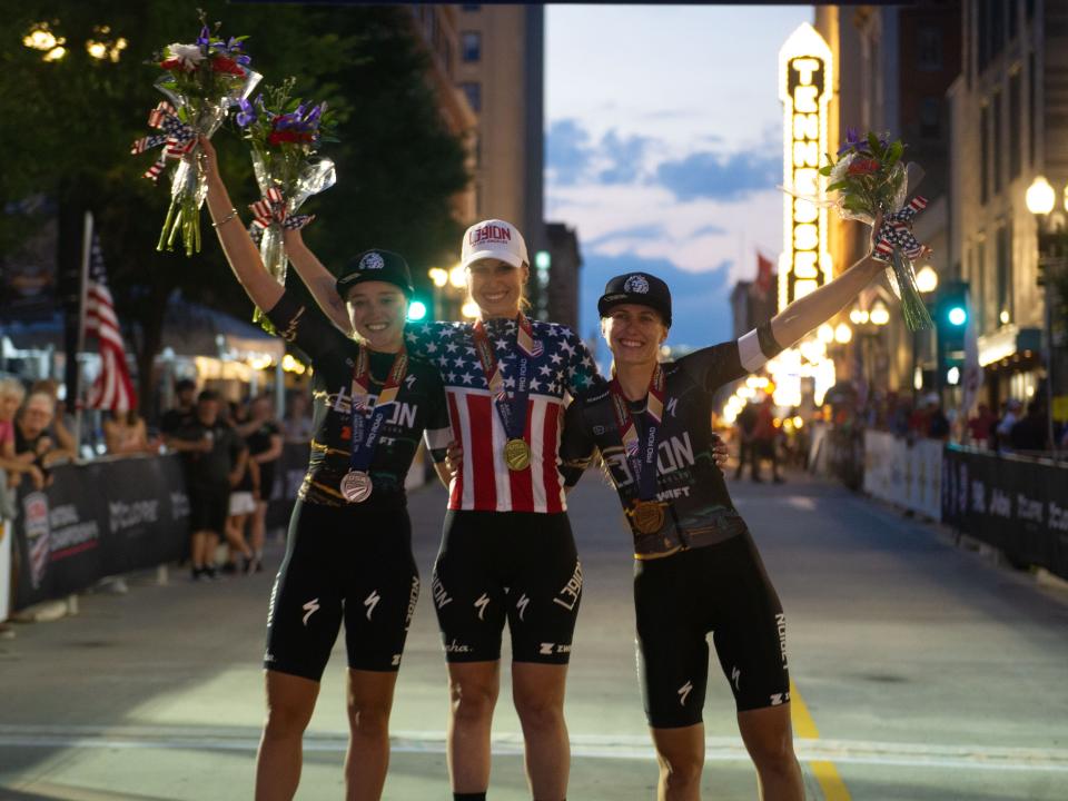 From left to right;mSkylar Schneider of L39ION of Los Angeles, First Place winner Kendall Ryan of L39ION of Los Angeles, and Alexis Ryan of L39ION of Los Angeles poses for a photo after the 2022 USA Cycling Criterium in Knoxville, Tenn. on Friday, June 24, 2022