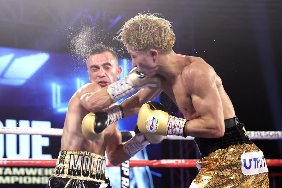 LAS VEGAS, NEVADA - OCTOBER 31: Naoya Inoue and Jason Moloney exchange punches during their bantamweight title bout at MGM Grand Conference Center on October 31, 2020 in Las Vegas, Nevada. (Photo by Mikey Williams/Top Rank Inc via Getty Images)