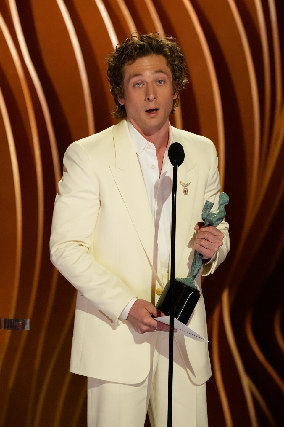 Jeremy Allen White accepts the award for outstanding performance my a male actor in a comedy series during the Screen Actors Guild Awards on Saturday, Feb. 24, 2024 at The Shrine Auditorium and Expo Hall in Los Angeles.