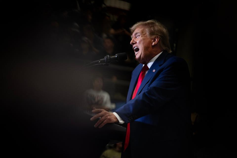 Donald Trump addresses supporters at Kirkwood Community College in Cedar Rapids, Iowa, on Saturday, Dec. 2, 2023. A federal judge on Friday rejected the former presidentÕs claims that he enjoyed absolute immunity from criminal charges accusing him of seeking to reverse the 2020 election. (Jordan Gale/The New York Times)